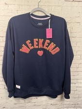 Simply Southern MEDIUM lightweight WEEKEND Sweatshirt Crew Navy blue Pink NWT