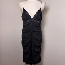 NICOLE MILLER COLLECTION Silk Ruched Midi Cocktail Dress BLACK / SIZE 12