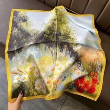 100 Pure Silk 27" Square Scarf Women Neckerchief Wrap Yellow Flowers Painting