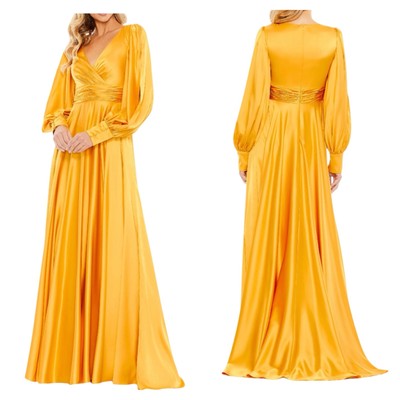 Mac Duggal New NWT Marigold Split Bishop Sleeve Wrap Over Flowy Gown 67847