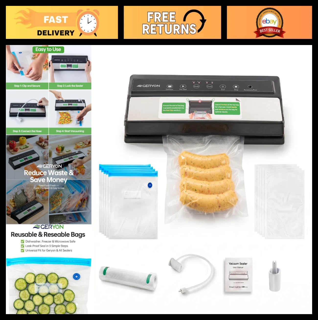 Compact Vacuum Sealer for Dry & Moist Food, LED Touch Controls, Reusable Bags &