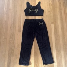 Juicy Couture Black Gold Script Velour Set Tank Top Pants Womens XL Y2K