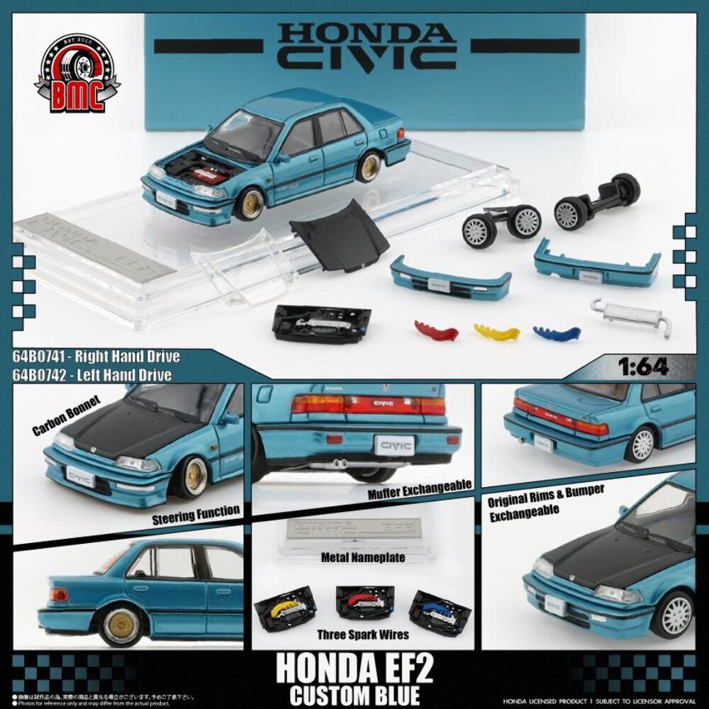 BMC 1/64 HONDA CIVIC EF2 1991 - Custom Blue with Black Bonnet LHD