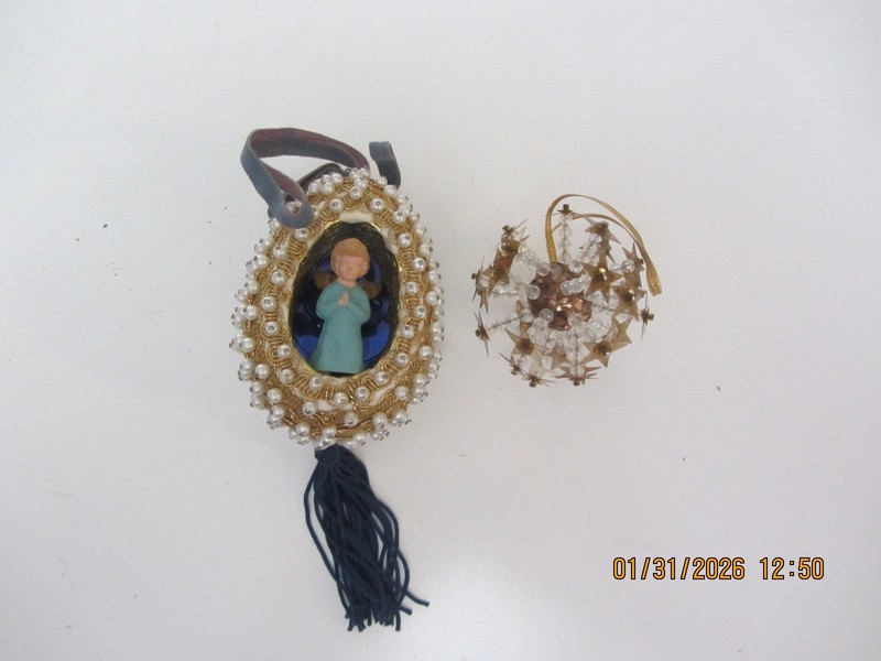 2 Vintage Push Pin Beaded Christmas Ornament Angel in Egg & star ball w/pearls