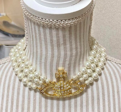 Vivienne Westwood Pearl Choker Triple Gold Orb engraved with