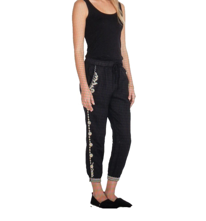 Johnny Was Los Angeles Linen Embroidered Jogger Elastic Drawstring Pants Large