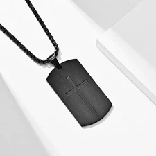 Cross Dog Tag Necklace for Men Stainless Steel Black Silver Military Tag Bible