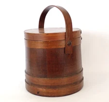 Antique Primitive Wooden Sugar Firkin Bucket w/ Bent Wood Handle & Lid  Folk Art