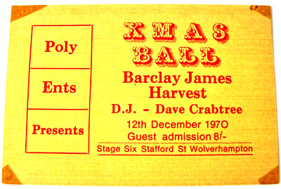 BARCLAY JAMES HARVEST CONCERT TICKET SAT 12th DEC 1970 WOLVERHAMPTON POLYTECHNIC