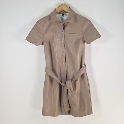 H&M womens faux leather shirt dress size XS nude beige short sleeve  collar094669 | eBay UK
