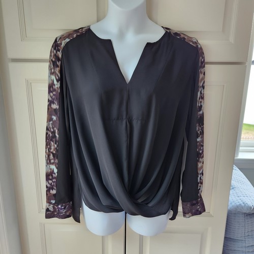 Mossimo Blouse XL Black Blue Brown Crossover Bubble Hem Front Long Sleeve V Neck - Picture 2 of 10