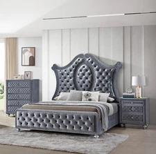 Beautiful Glam 3pc Traditional Gray Upholstered King Bed Chest Nightstand Set