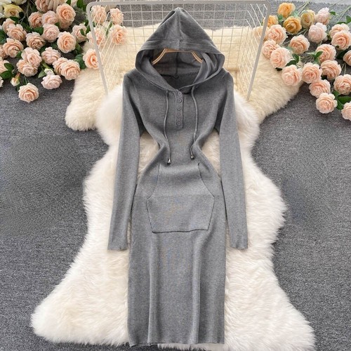 Damen Strickkleider mit Kapuze Sexy Bodycon Langarm Slim Stretch Midikleid - Bild 8 von 21