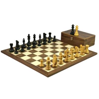 Nussbaum Schachspiel 20 Zoll mit gewichtetem ebonisiertem Staunton französischer Ritter Schachtorte