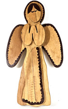 Hand Carved 3-D Two Toned Brown Wooden Angel Wall Hanging Home Decor Signed 22"