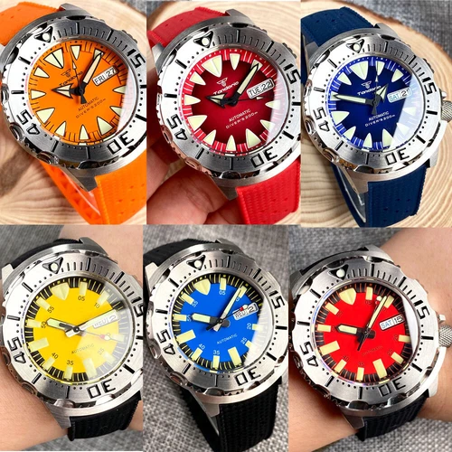Reloj automático para hombre 42 mm Tandorio azul naranja esfera roja monstruo Japón fecha NH36A