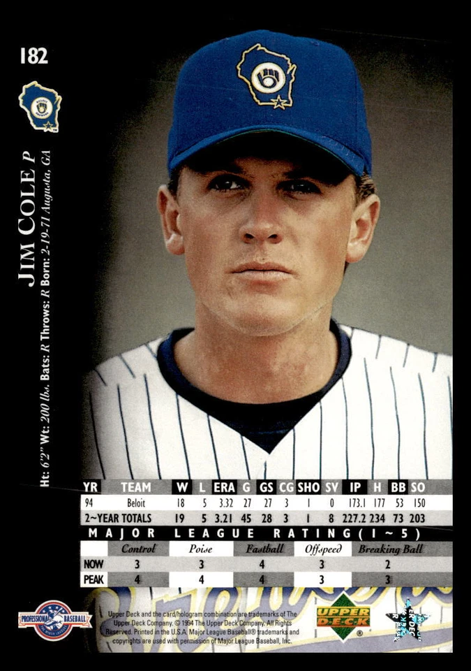 1995 Upper Deck Minor League #182 Jim Cole Beloit Brewers Baseball Card - Image 2 of 2