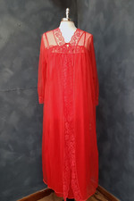 Vintage Red Nylon  Lace Lingerie Peignoir Set Gown  Robe S/M VGUC