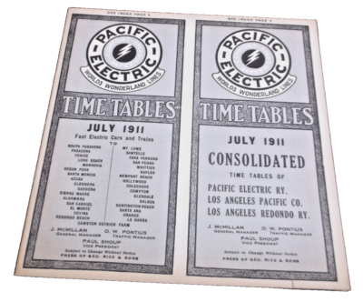 #ad #ad JULY 1911 PACIFIC ELECTRIC PUBLIC TIMETABLE $60.00