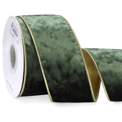 Moss Green Velvet Wired Ribbon 2.5 inch x 10 Yards Metallic Gold Christmas