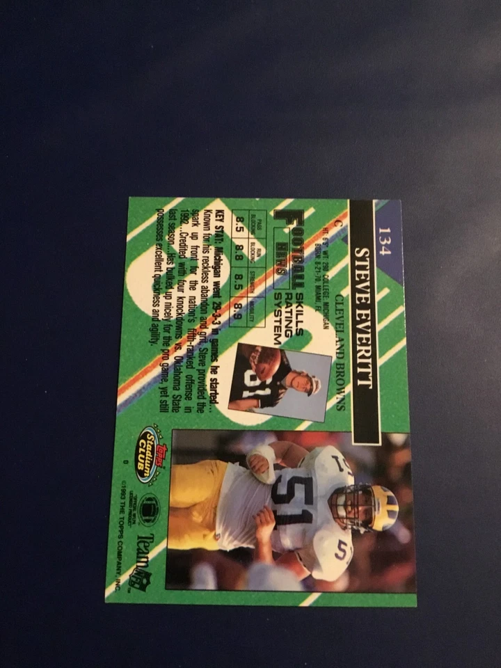 1993 Topps Stadium Club # 134 STEVE EVERITT ROOKIE Cleveland Browns Michigan - Image 2 of 2