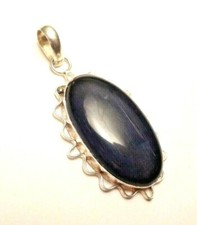 VINTAGE LARGE DARK BLUE / BLACK OVAL LARGE PENDANT STERLING SILVER 925 .