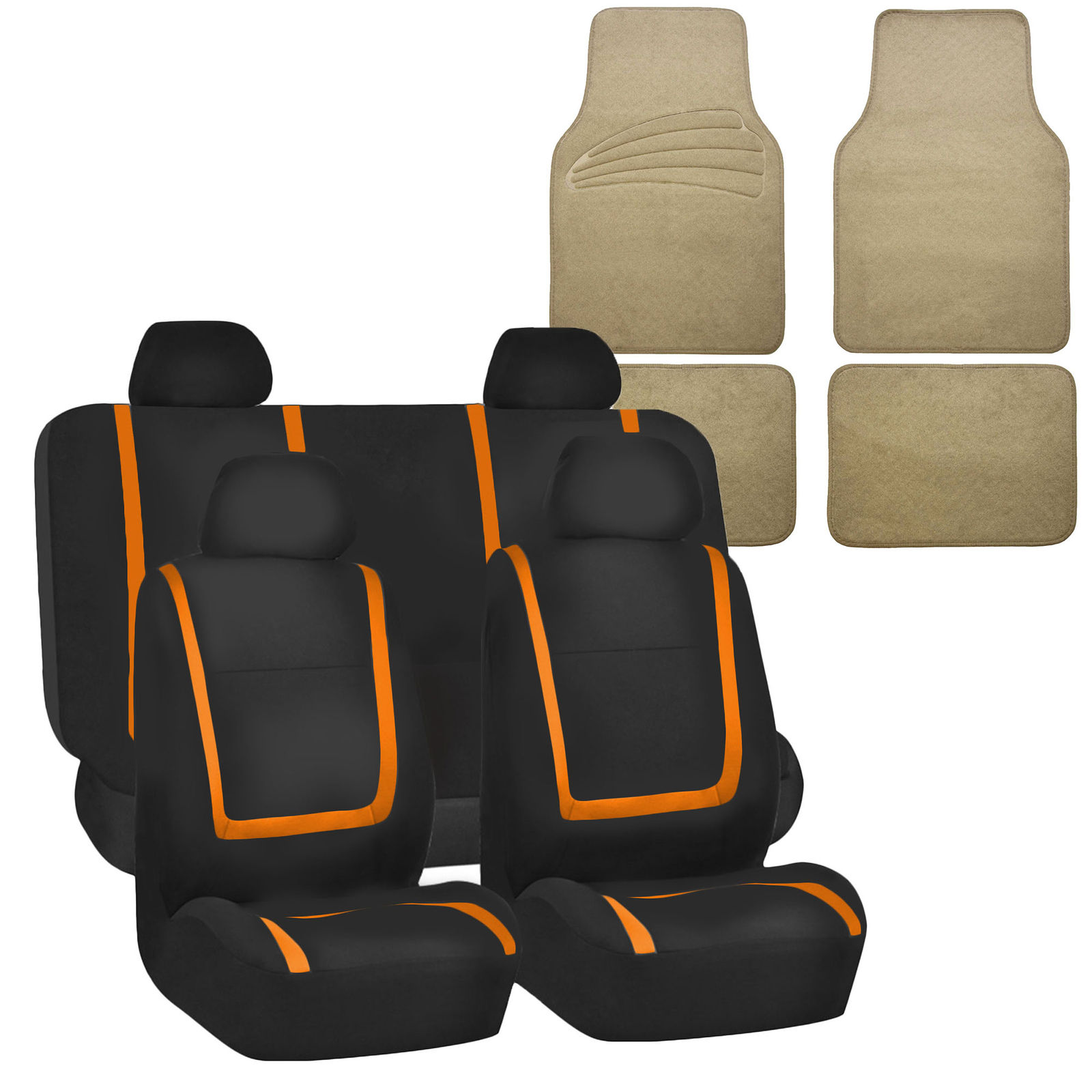 Universal Seat Covers For Auto Car Suv Van Orange Combo w/ Beige Floor Mats