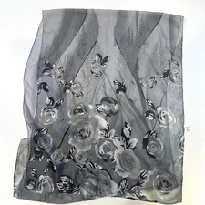 Scarf Silky Gray Chiffon  13 x 40” Polyester Semi sheer   Roses floral pattern