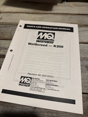 Multiquip K200 WetScreed Operation Parts Manual Maintenance Book Guide List OEM