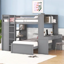 Full Size Loft Bed with Twin Size Stand-alone Bed, Shelves,Desk & Wardrobe-Gray