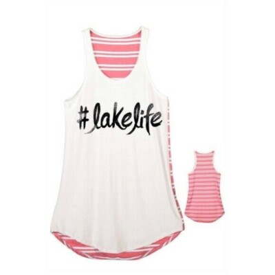 Lake Life A-line Tank Top Junior Women Size Small Pink White NEW