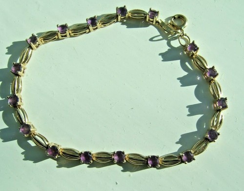 BELLISSIMO BRACCIALE VINTAGE ORO 9ct SET LUNGO 7,5" CON 17 AMETISTE SFACCETTATE - Foto 3 di 4