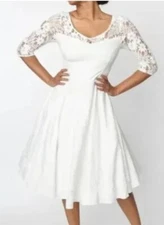 UNIQUE VINTAGE White Lace Bridal 3/4 Lace Sleeves Swing Dress*Size SMALL**NEW**
