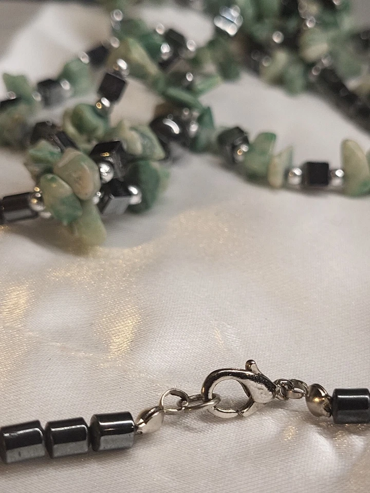 Y2k Triple Tier/ Tri-Strand Turqouise & Hematite beaded necklace, 18-21" [G22] - Image 3 of 3