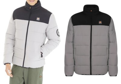 Ellesse Herren Puffer Jacke Nebby Wattiert Schwarz/Grau Warm Wintermantel Neu S - 2XL