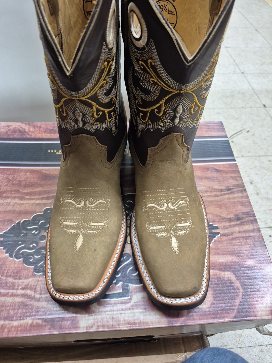 MEN'S WESTERN RODEO COWBOY TAN CAOBA LEATHER SQUARE TOE BOOTS