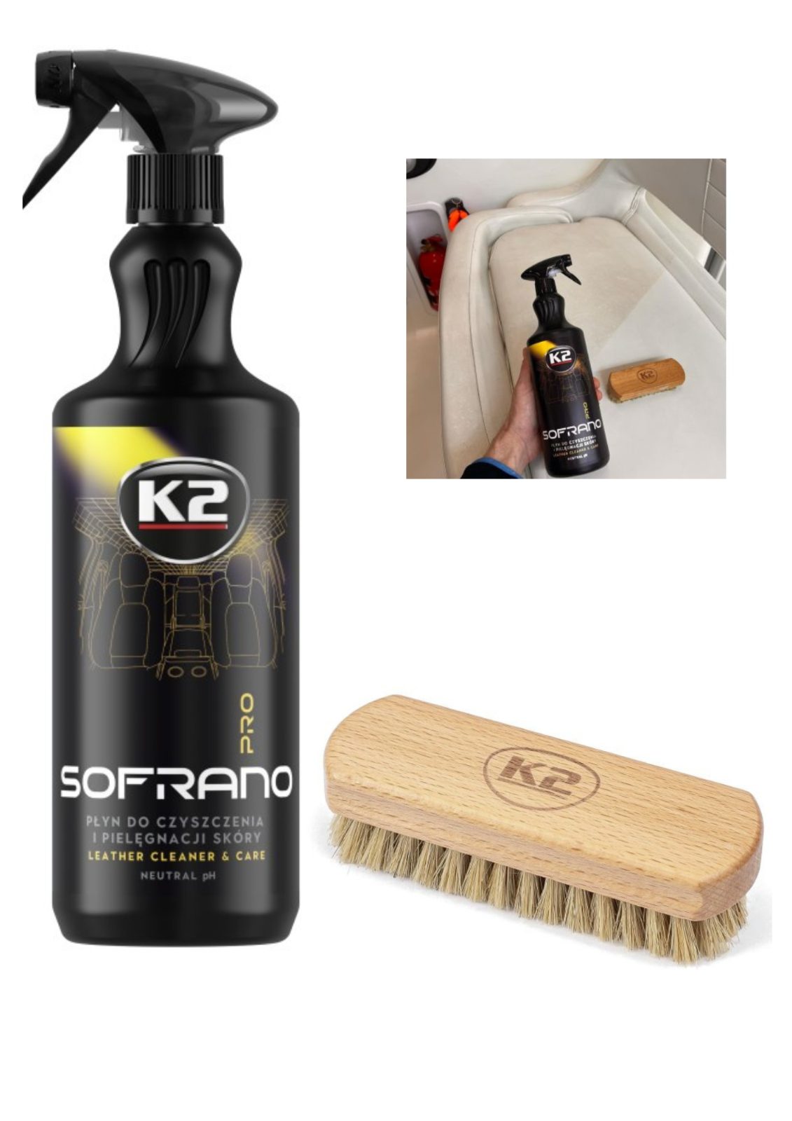 K2 Sofrano Pro 1L Leather Cleaner + Soft Brush Car Seat Upholstery Detailing Set