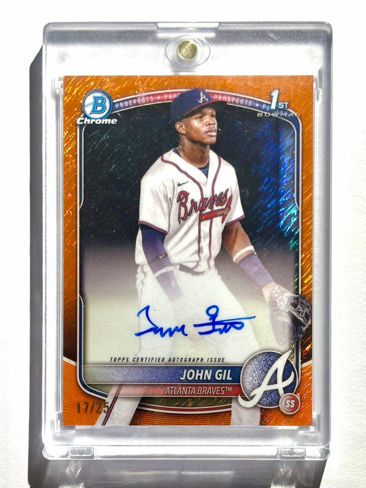 2025 Bowman Chrome John Gil 1st Bowman Auto Orange Shimmer /25 Braves
