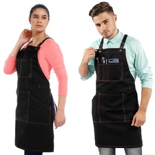Work Apron - Pro Denim or Twill, Leather Trim, CrossBack - Chef, Bartender