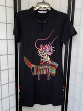 Women's S-M Embroidered Chinese Opera Performer Artwork Cheongsam Qipao Dress
