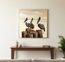 Frank Walcutt Pelicans on Pier Painting Tropical Beachside Landscape Canvas