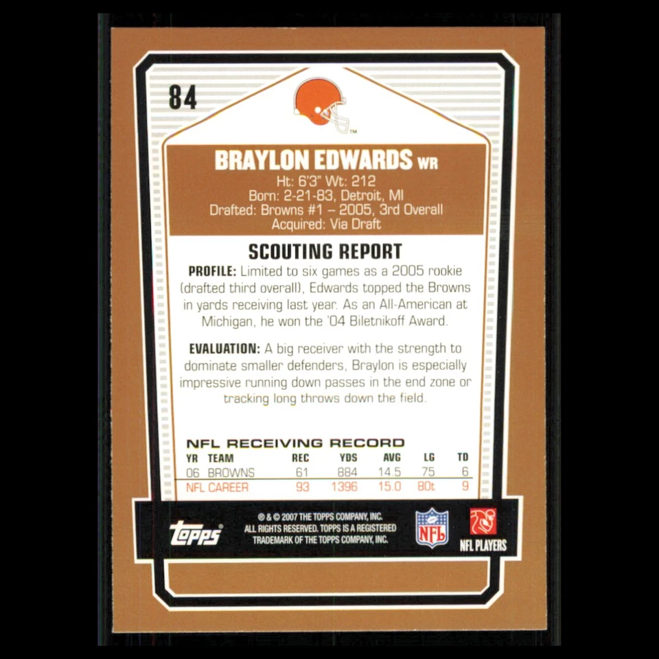 Braylon Edwards #84 2007 Topps Draft Picks - Prospects Cleveland Browns Football - Image 2 of 3