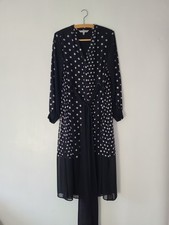 Coast Black Chiffon White Polka Dot Belted Lined Midi Dress Size 8