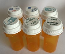 Empty Amber Plastic RX Pill Bottles With Caps For Crafts Storage Lot Of 6