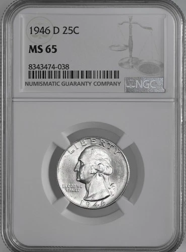 1946-D  25C WASHINGTON SILVER QUARTER "DENVER MINT" NGC MS65 #8343474-038