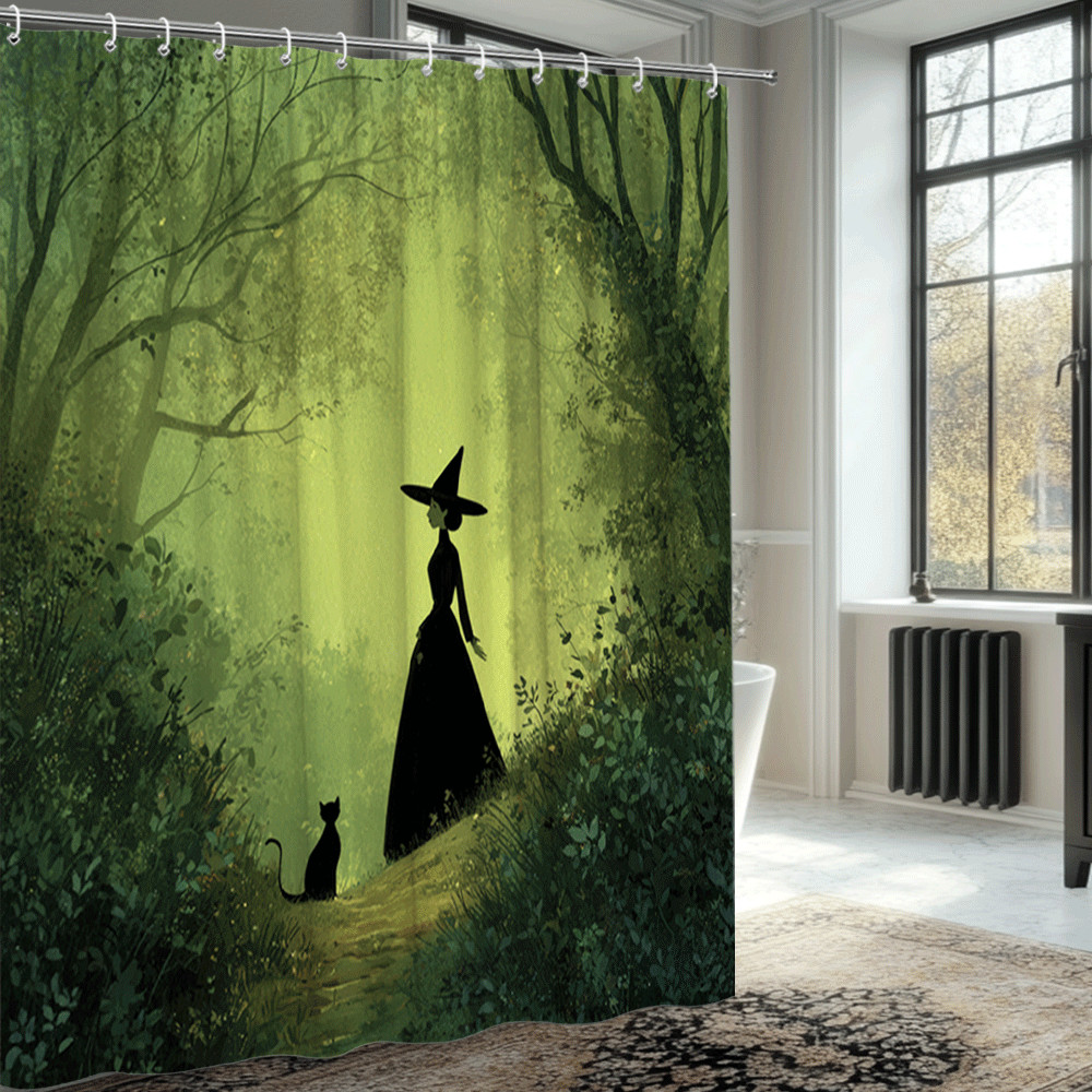 1pc Enchanted Forest Witch and Cat Shower Curtain – Mystical Green Décor