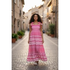 Crown & Ivy Dress Womens S Pink Tiered Maxi Boho Tassel Pom Pom Trim milkmaid