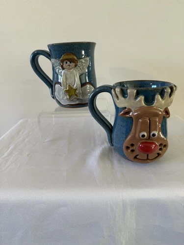 2 Mug Works USA Pottery Mugs Rudolph And Angel Holiday Christmas