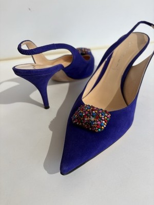Casadei Blue Suede Pointed Toe Slingback Rhinestone Accent Heel US 10 B