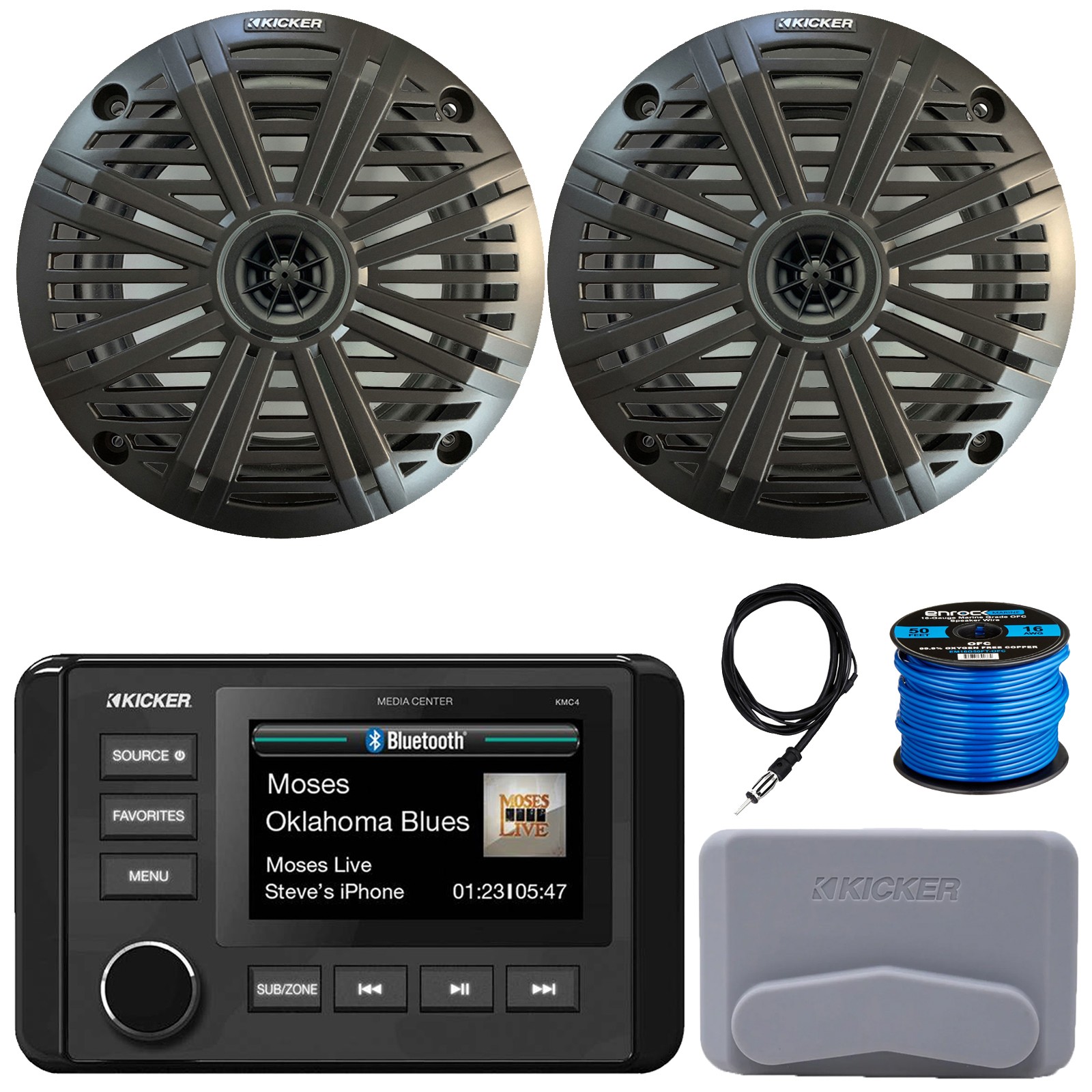 Kicker WB/USB/AUX Media Center Receiver, 2x 6.5" 195W Speakers, Grilles, Wire